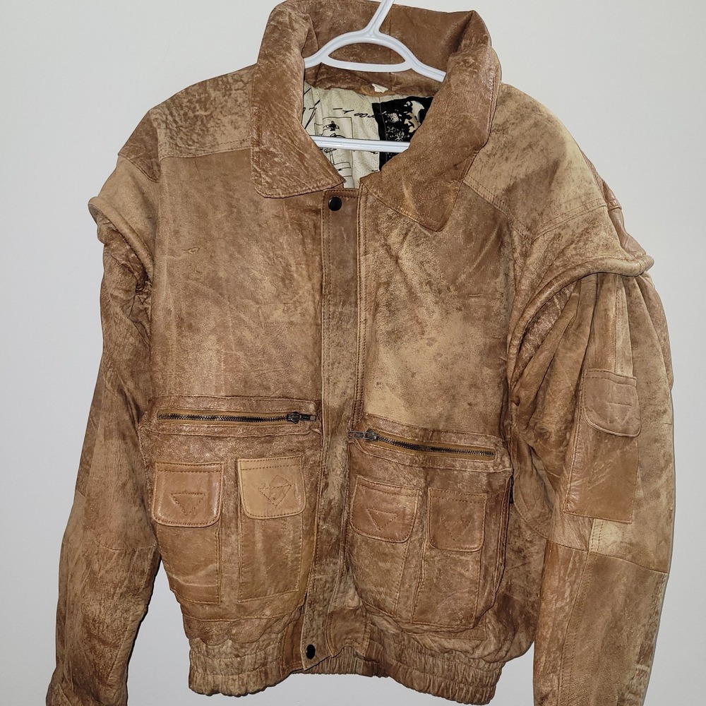 Vintage Kuang Huei Distressed Leather Flight Bomber Jacket Size Large Airplanes